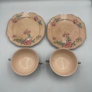 Vintage Quadro Crooksville Pink Floral Double-Handled Cup & Small Plate set of 2